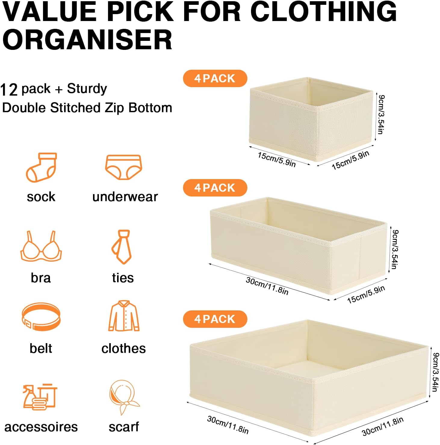 Kleiderschrank Schrank Organizer - 12er Set Schubladen Organizer Kleidung Baby. Faltbare Aufbewahrungsbox Stoffboxen Aufbewahrung für kommode. Socken. BHs. Beige