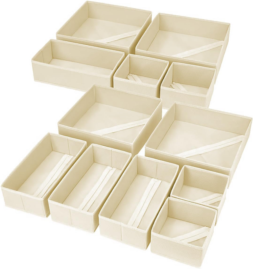 Kleiderschrank Schrank Organizer - 12er Set Schubladen Organizer Kleidung Baby. Faltbare Aufbewahrungsbox Stoffboxen Aufbewahrung für kommode. Socken. BHs. Beige