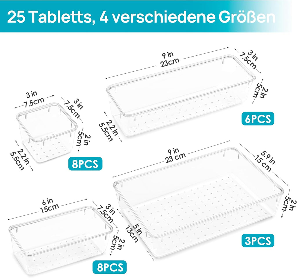 Vtopmart 25 Stücke Schubladen Organizer mit 4 Größen. Make up Ordnungssystem. Schminktisch Organizer Einsetzbar für Makeup. Küchen. Badezimmer. Büro. Schminktisch