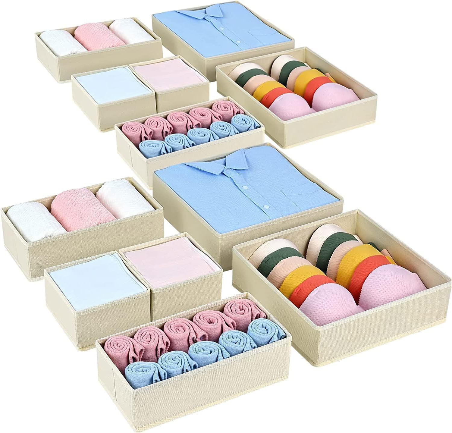 Kleiderschrank Schrank Organizer - 12er Set Schubladen Organizer Kleidung Baby. Faltbare Aufbewahrungsbox Stoffboxen Aufbewahrung für kommode. Socken. BHs. Beige