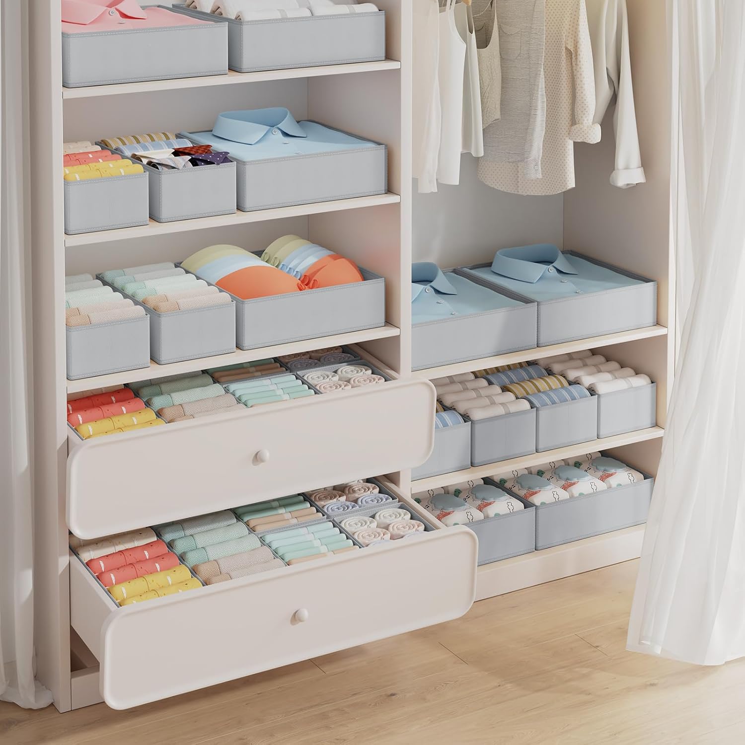 DIMJ 12er Schubladen Ordnungssystem Schubladen Organizer. Faltbare Aufbewahrungsbox Stoff. Unterwäsche Organizer. Organizer Kleiderschrank für Kleidung. BHS. Socken. Krawatten