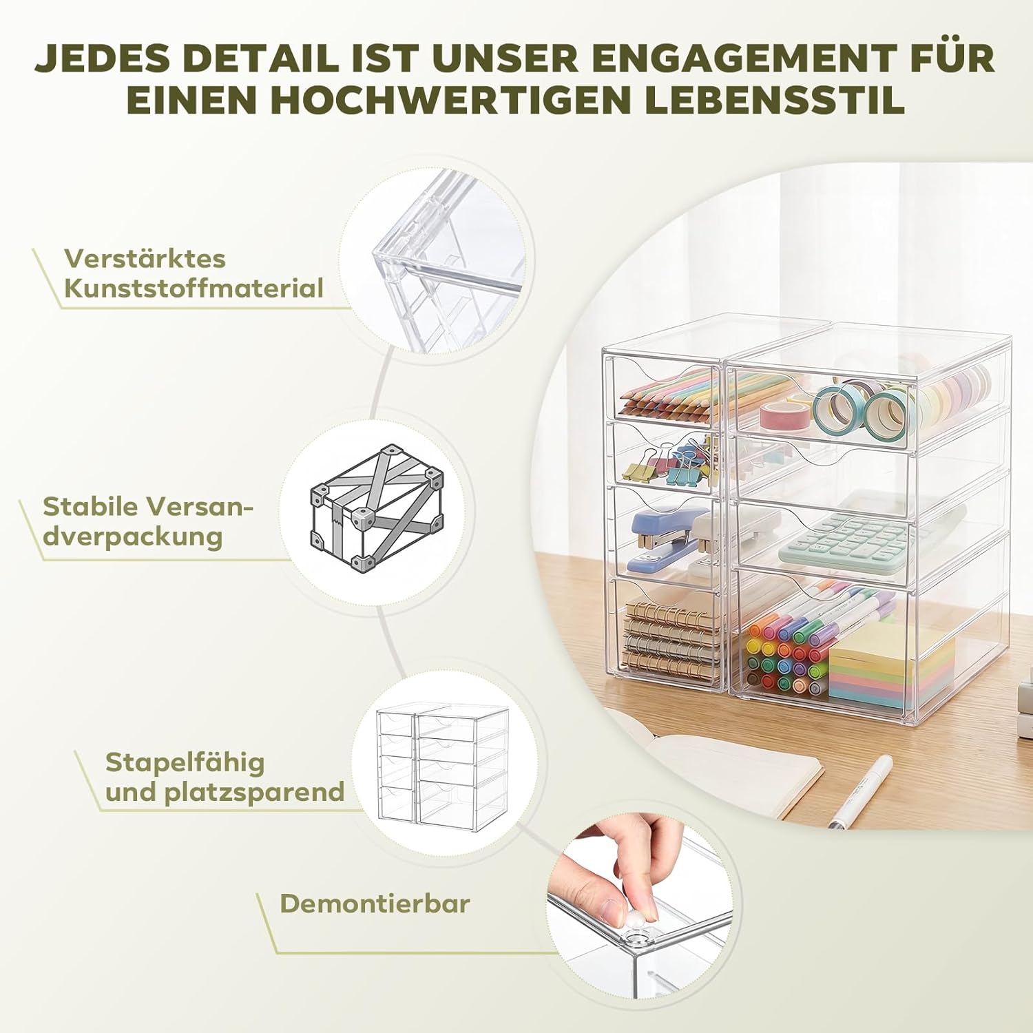8-teiliger Schreibtisch-Organizer | Transparente Aufbewahrungsboxen mit Schubladen für Kosmetik. Büro & Werkzeug | Stapelbare Kunststoffboxen für Garage. Küche und Bad