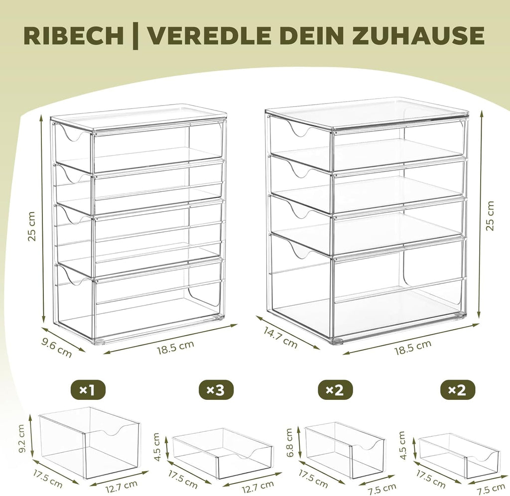 8-teiliger Schreibtisch-Organizer | Transparente Aufbewahrungsboxen mit Schubladen für Kosmetik. Büro & Werkzeug | Stapelbare Kunststoffboxen für Garage. Küche und Bad