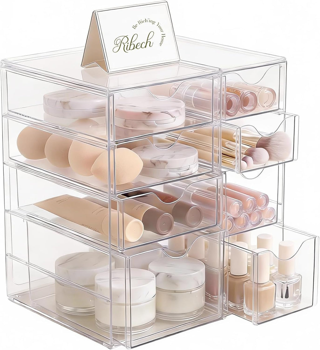 8-teiliger Schreibtisch-Organizer | Transparente Aufbewahrungsboxen mit Schubladen für Kosmetik. Büro & Werkzeug | Stapelbare Kunststoffboxen für Garage. Küche und Bad