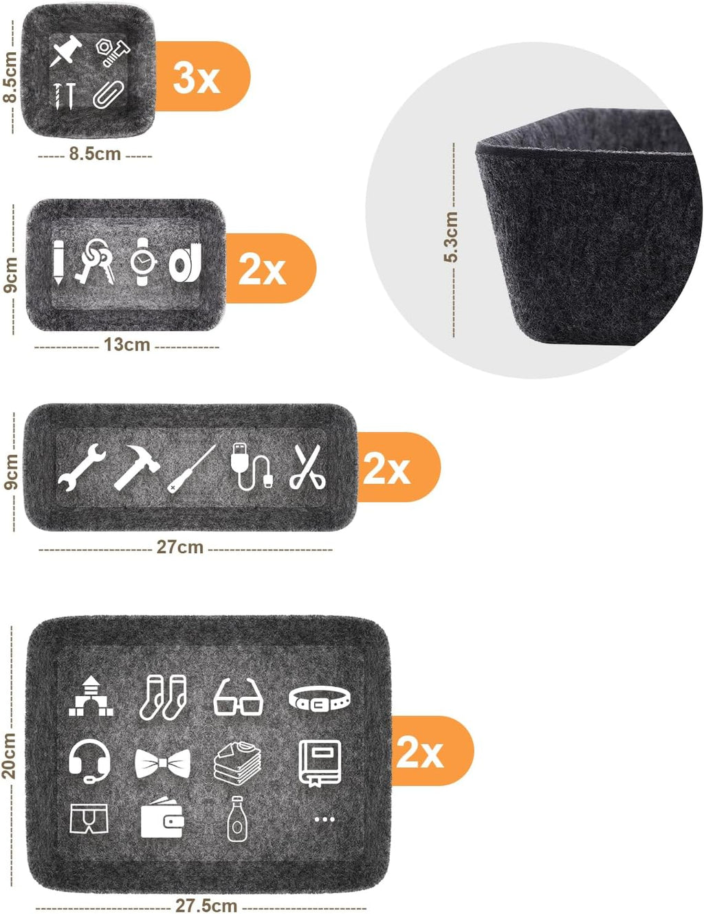 Schubladen Organizer. 9 Stücke Filz Schubladenbox Ordnungssystem für Schminktisch/Schreibtisch/Büro. Aufbewahrungsboxen Set in 4 Größen