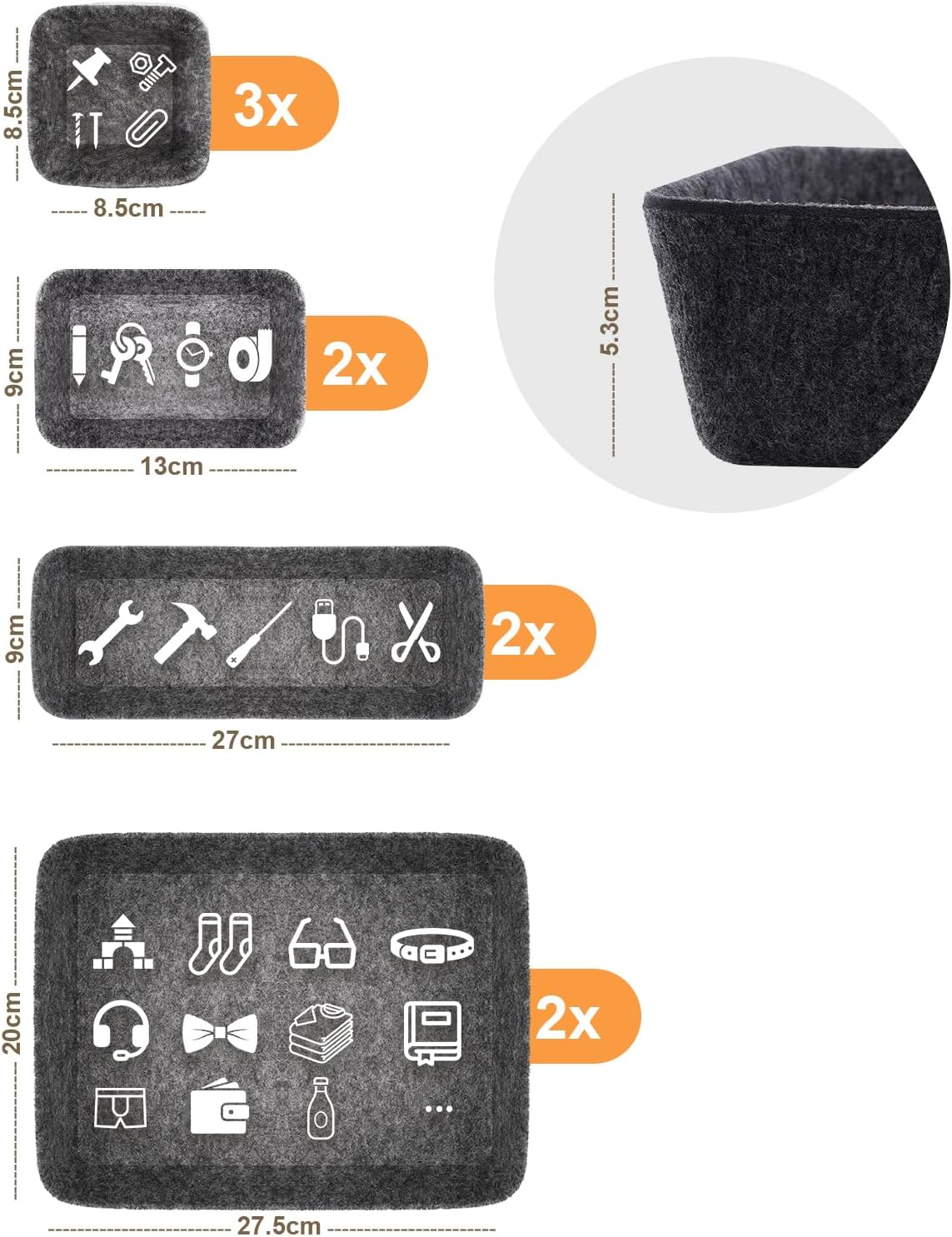 Schubladen Organizer. 9 Stücke Filz Schubladenbox Ordnungssystem für Schminktisch/Schreibtisch/Büro. Aufbewahrungsboxen Set in 4 Größen