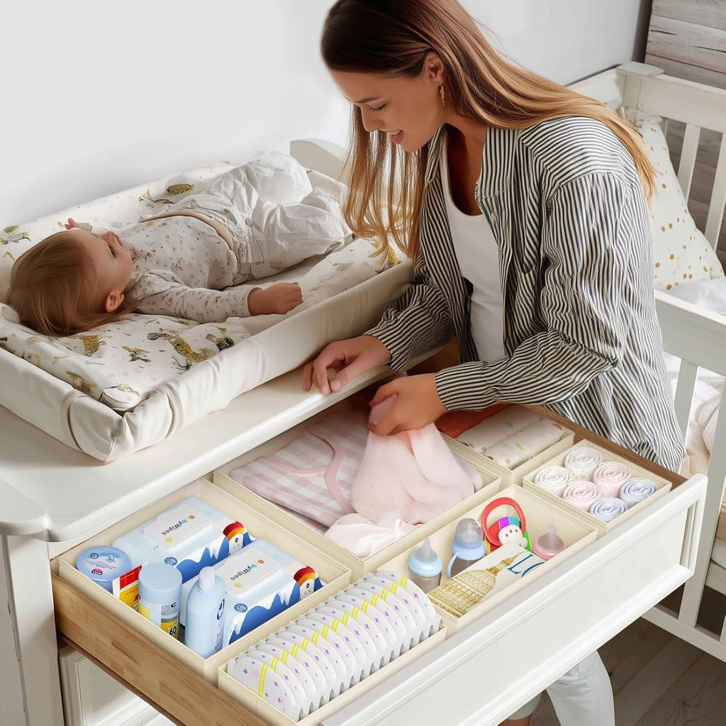 Kleiderschrank Schrank Organizer - 12er Set Schubladen Organizer Kleidung Baby. Faltbare Aufbewahrungsbox Stoffboxen Aufbewahrung für kommode. Socken. BHs. Beige