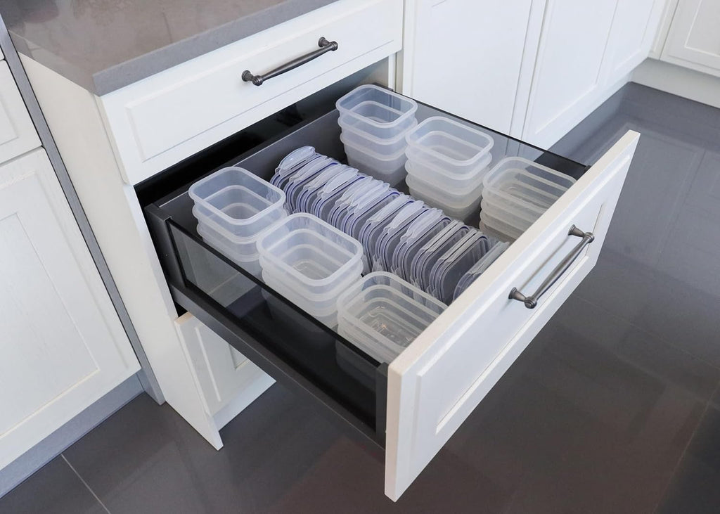 Nest24 – Küchen-Schubladen- Organizer mit 24 stapel- und nestbaren Frischhaltedosen – passend für LocknLock HSM3640. HSM3660. HSM3680 – Gesamtvolumen 18.9 l (47.3 × 51.8 × 20.0 cm)
