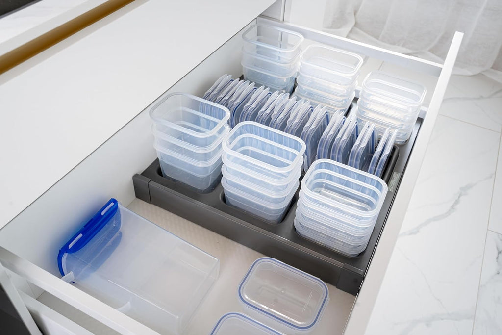 Nest24 – Küchen-Schubladen- Organizer mit 24 stapel- und nestbaren Frischhaltedosen – passend für LocknLock HSM3640. HSM3660. HSM3680 – Gesamtvolumen 18.9 l (47.3 × 51.8 × 20.0 cm)