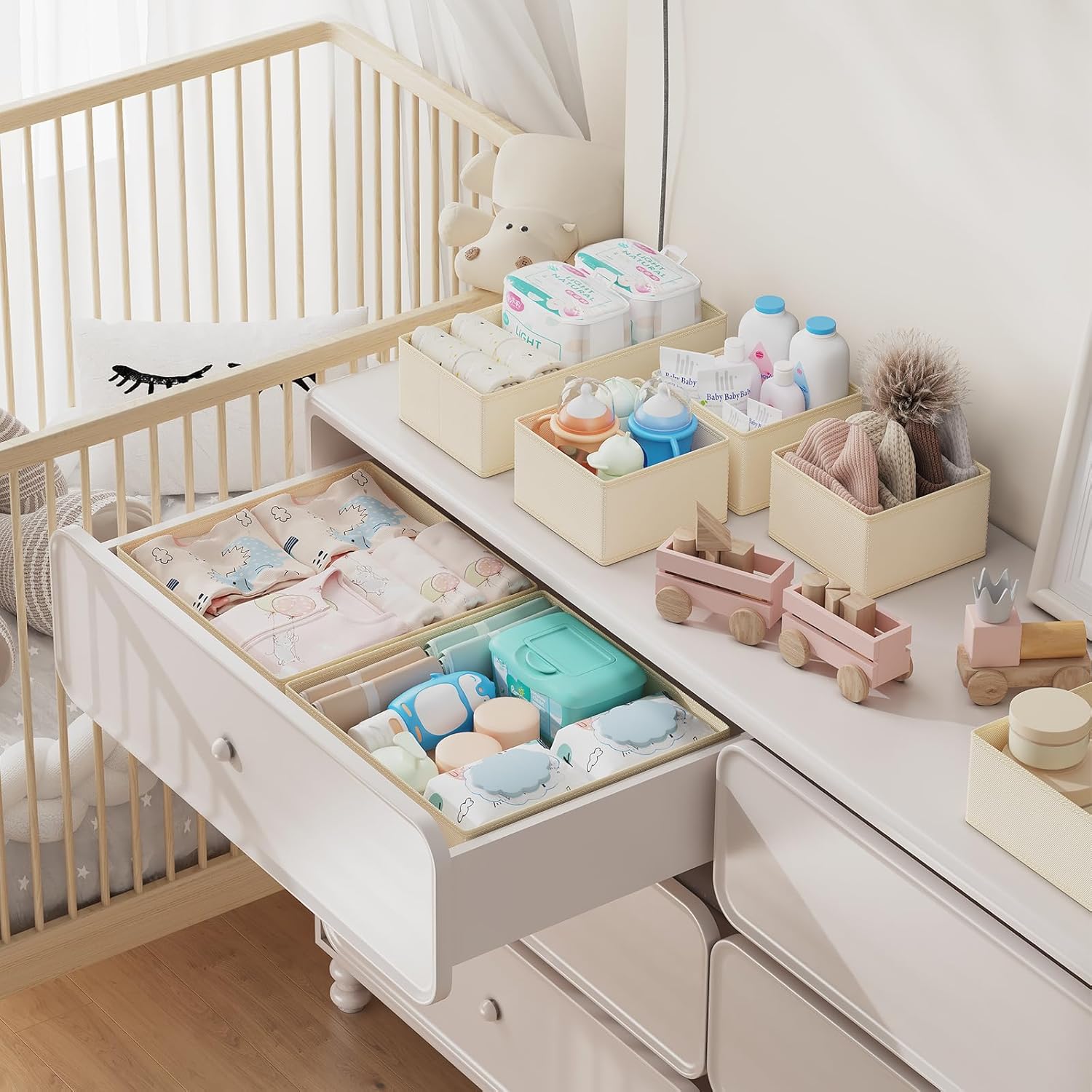 Kleiderschrank Schrank Organizer - 12er Set Schubladen Organizer Kleidung Baby. Faltbare Aufbewahrungsbox Stoffboxen Aufbewahrung für kommode. Socken. BHs. Beige