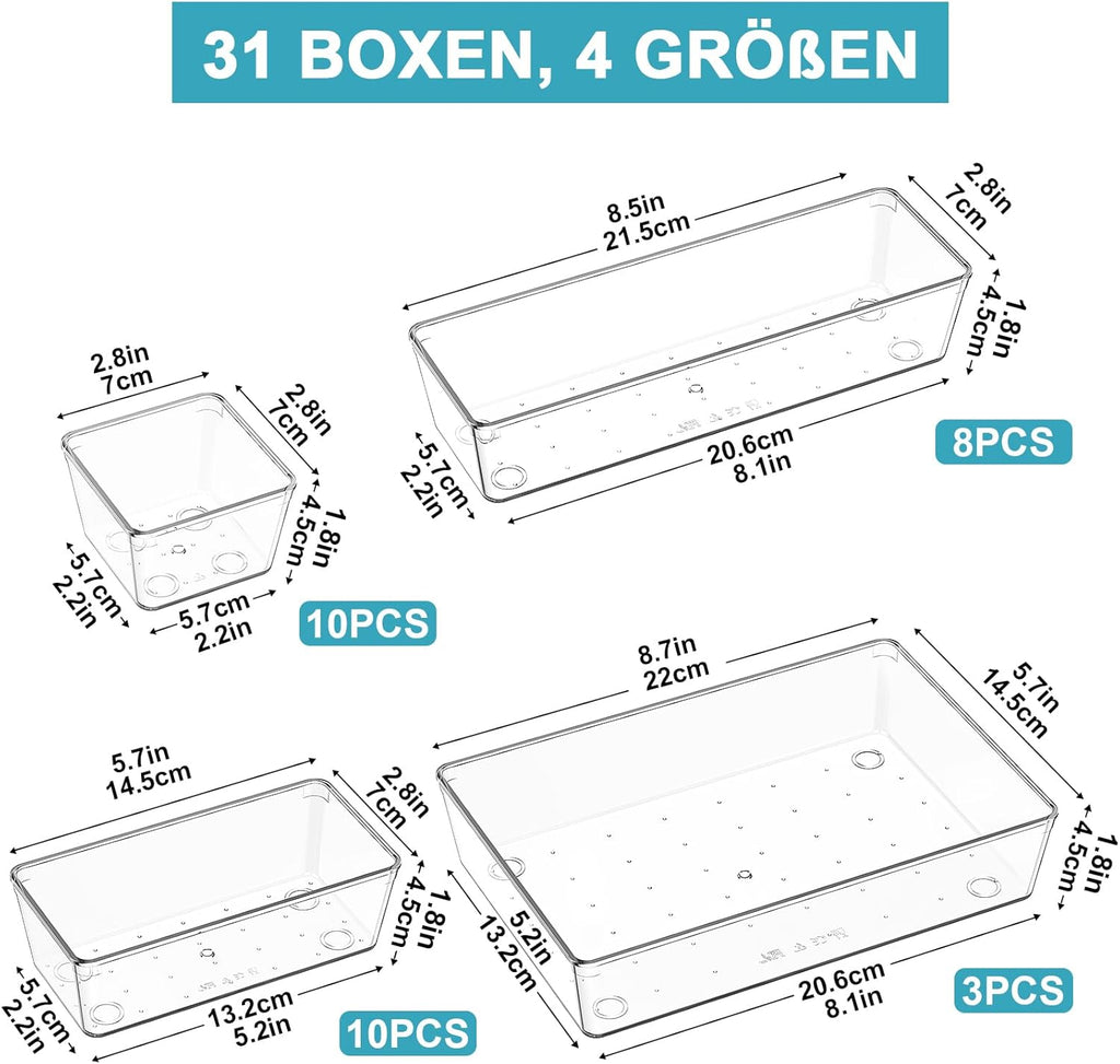 Drawer Insert. Drawer Organiser. 31 Pieces Dressing Table Organiser in 4 Sizes. Drawer Organiser. Make Up Organiser. Drawer Organiser System for Desk. Office. Kitchen. Bathroom