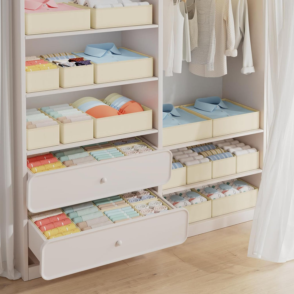 Kleiderschrank Schrank Organizer - 12er Set Schubladen Organizer Kleidung Baby. Faltbare Aufbewahrungsbox Stoffboxen Aufbewahrung für kommode. Socken. BHs. Beige