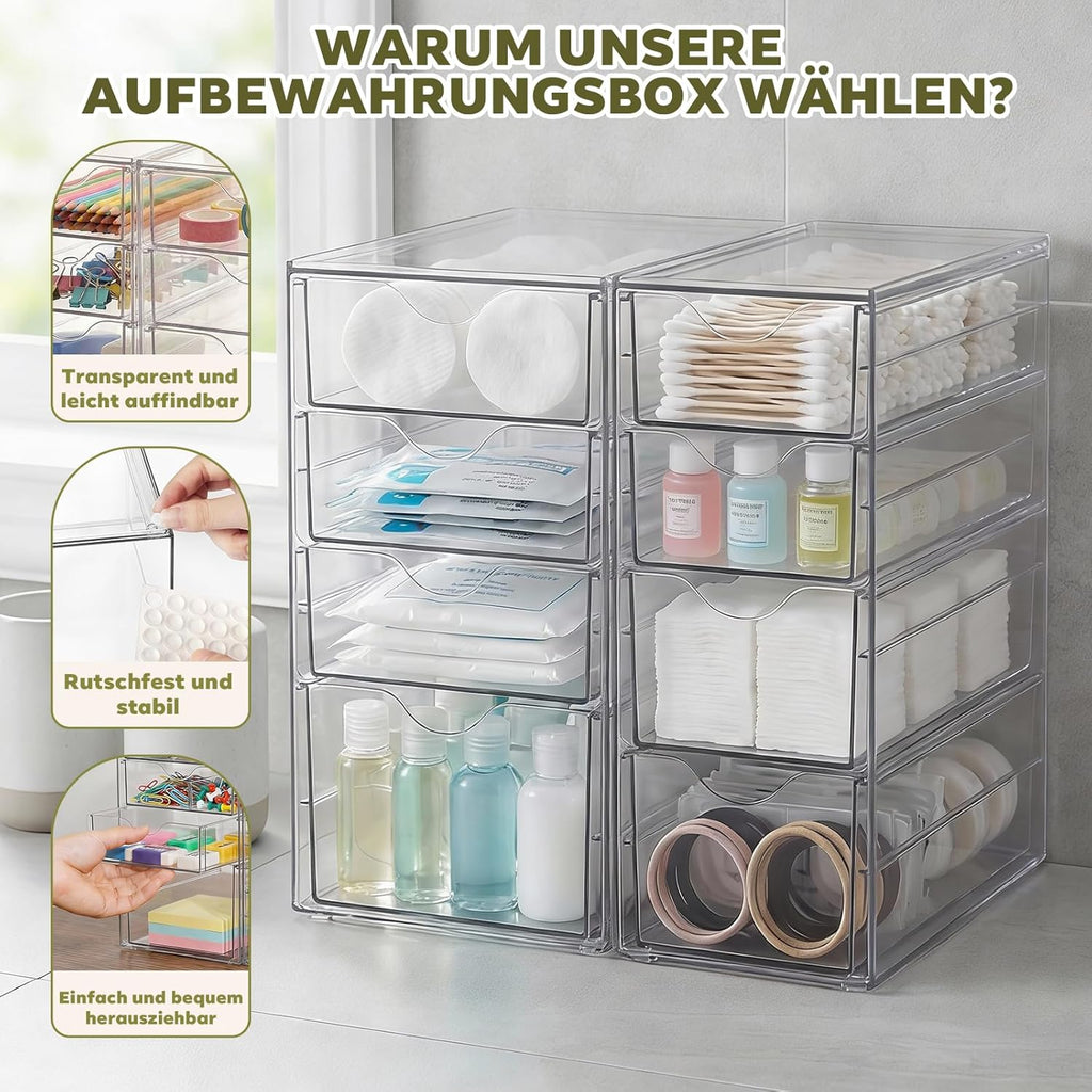 8-teiliger Schreibtisch-Organizer | Transparente Aufbewahrungsboxen mit Schubladen für Kosmetik. Büro & Werkzeug | Stapelbare Kunststoffboxen für Garage. Küche und Bad