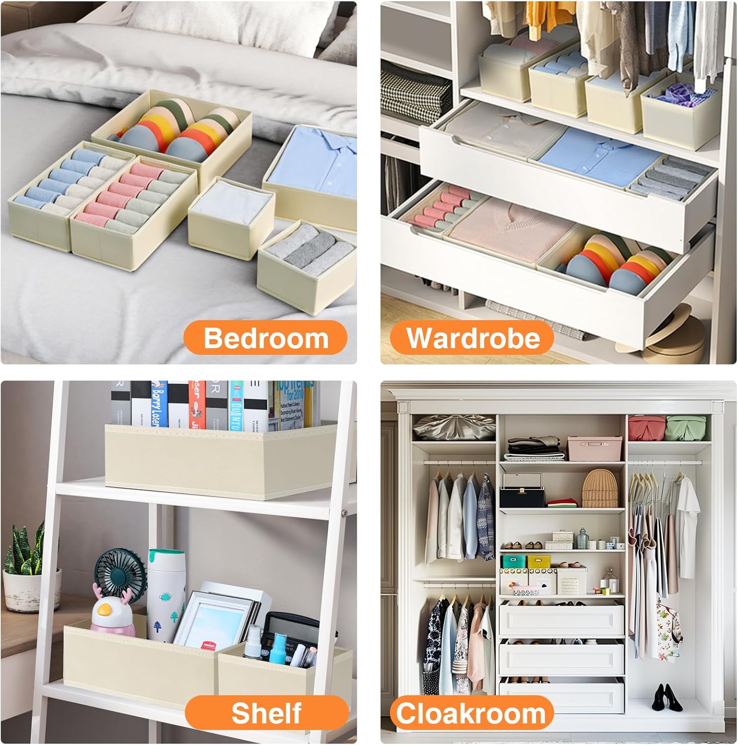 Kleiderschrank Schrank Organizer - 12er Set Schubladen Organizer Kleidung Baby. Faltbare Aufbewahrungsbox Stoffboxen Aufbewahrung für kommode. Socken. BHs. Beige