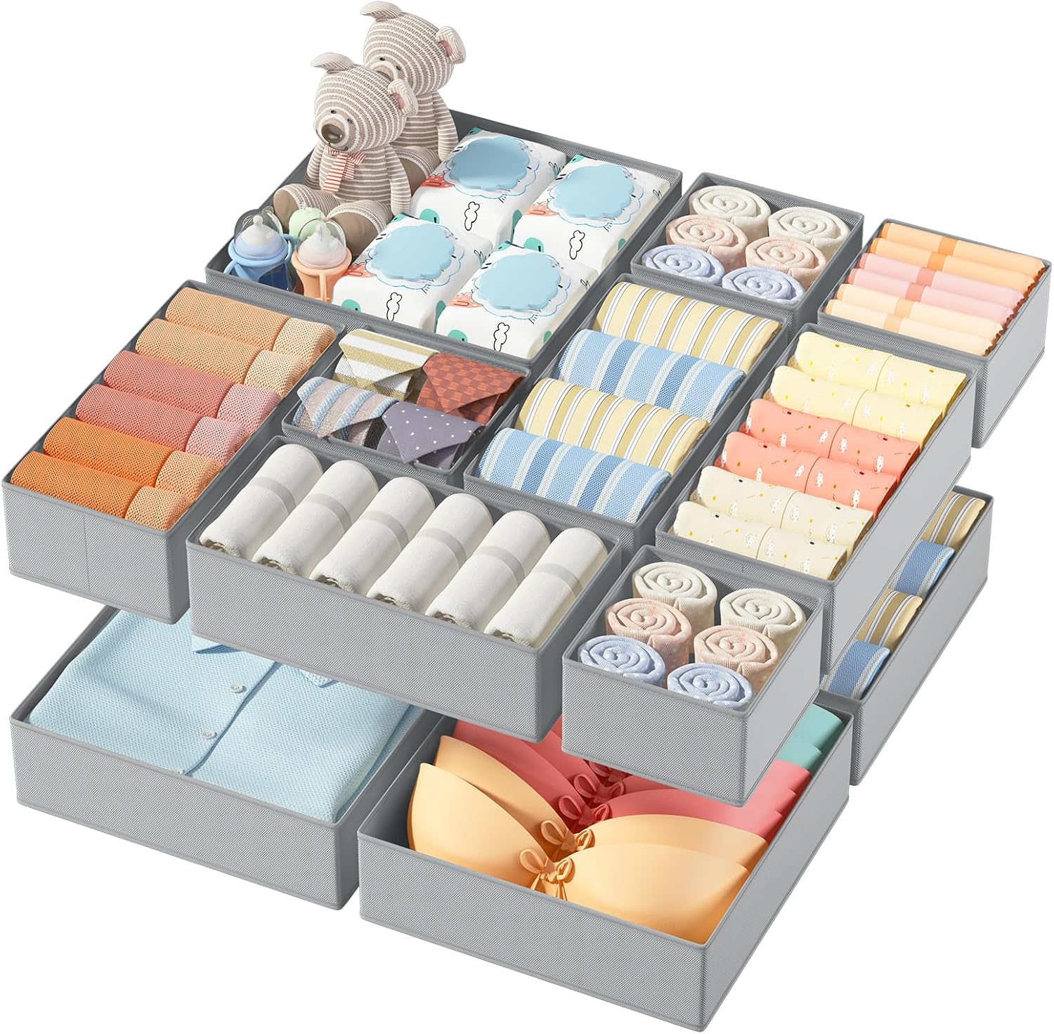 DIMJ 12er Schubladen Ordnungssystem Schubladen Organizer. Faltbare Aufbewahrungsbox Stoff. Unterwäsche Organizer. Organizer Kleiderschrank für Kleidung. BHS. Socken. Krawatten
