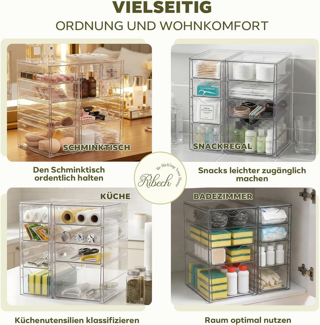 8-teiliger Schreibtisch-Organizer | Transparente Aufbewahrungsboxen mit Schubladen für Kosmetik. Büro & Werkzeug | Stapelbare Kunststoffboxen für Garage. Küche und Bad