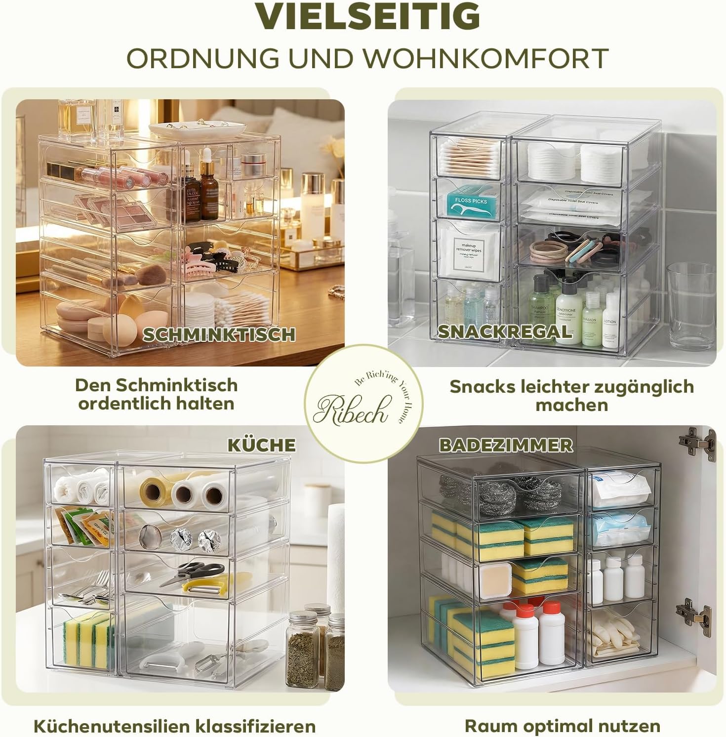 8-teiliger Schreibtisch-Organizer | Transparente Aufbewahrungsboxen mit Schubladen für Kosmetik. Büro & Werkzeug | Stapelbare Kunststoffboxen für Garage. Küche und Bad